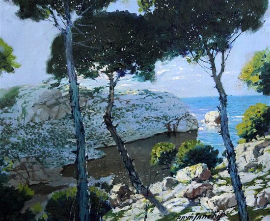 Paya Sanchis (1892-1977) Pine trees beside the coast, 19.75 x 24in.